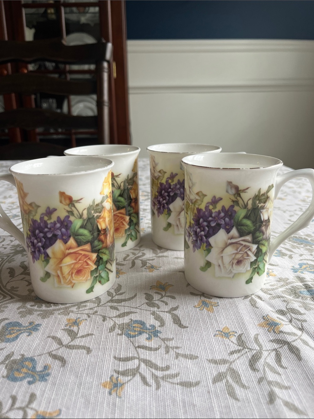 Floral Fine Bine China 4 Mug Set - Yellow and White Rose & Purple Violet Design